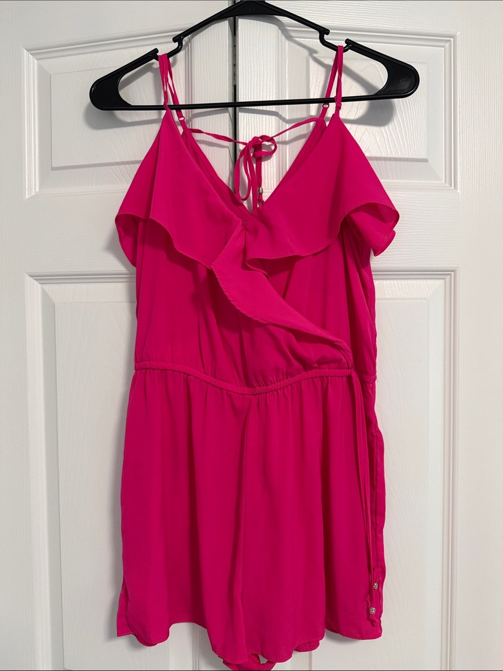 American Eagle Bright Pink Ruffle-Front Romper